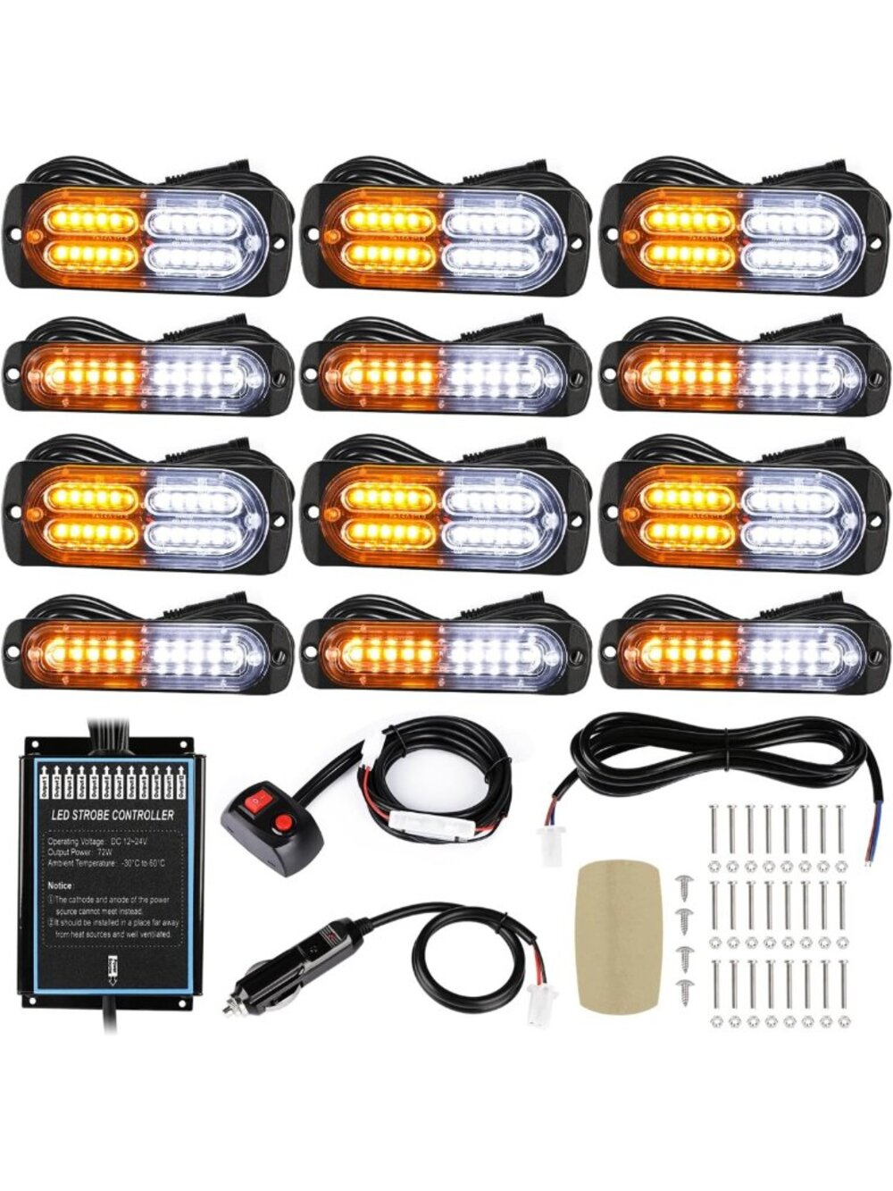 12pcs Ultra Slim LED Strobe Lights w/Controller, Amber/White Emergency Beacons